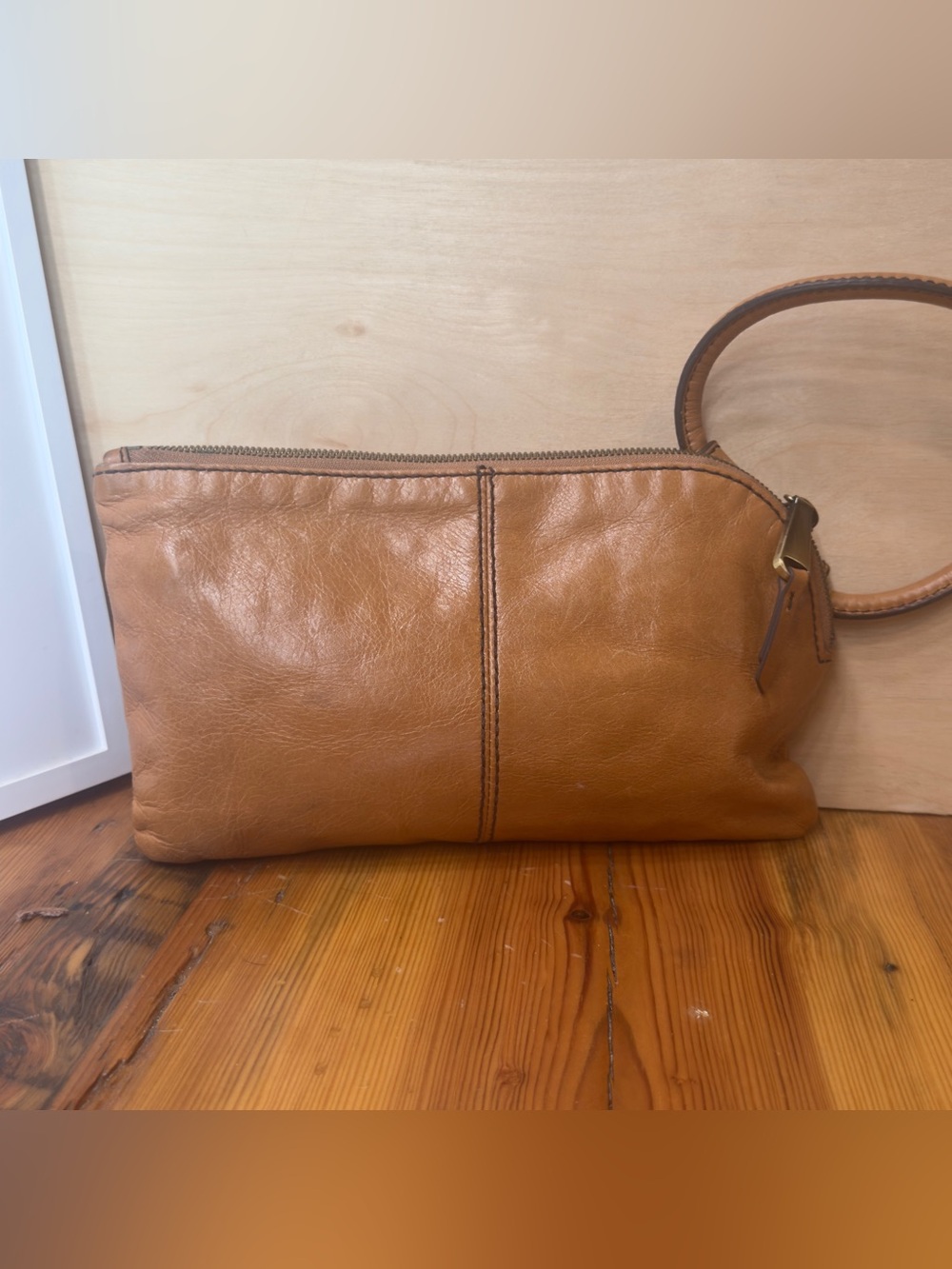 HOBO Leather Wristlet Clutch in Cognac Brown